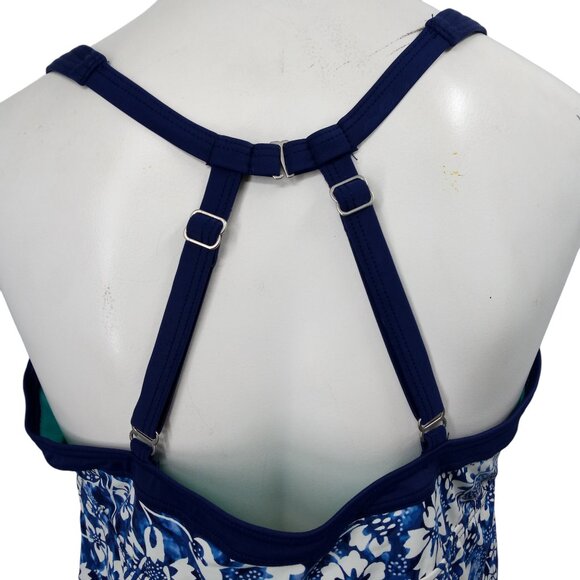 Title Nine Blue Floral Tankini Top Size 38C Underwire Bra Cups Racerback Halter - Picture 8 of 10
